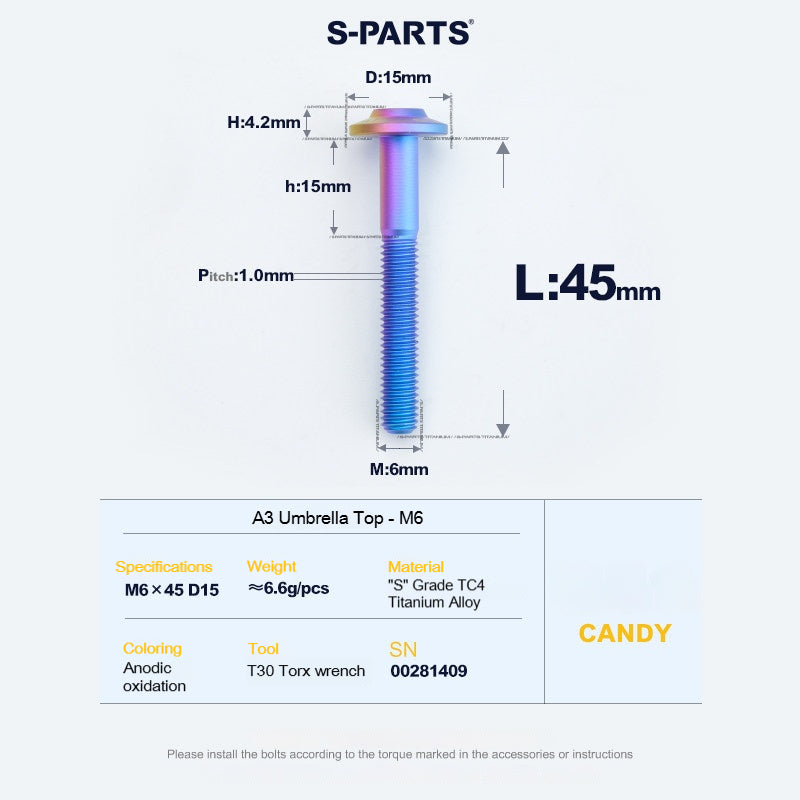 SPARTS A3 Series M6 Titanium Button Head Bolt D15 Grade TC4 | Motorcycle &Bike Upgrade Screw