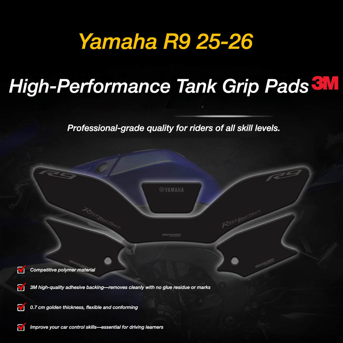 Yamaha R9 2025–2026 Tank Grip Pads | Track-Inspired Tank Protection