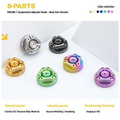 S-PARTS Next-Gen Titanium Suspension Adjuster Knobs for Öhlins Shocks (3-Piece / 6-Piece Kit)