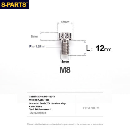S-PARTS Titanium M8 Bolts A3 Series | Motorcycle Modification Screws for Caliper, Handlebar, Suspension | L10-120mm