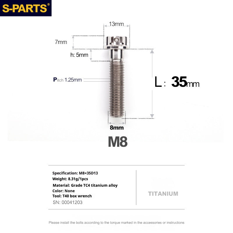 S-PARTS Titanium M8 Bolts A3 Series | Motorcycle Modification Screws for Caliper, Handlebar, Suspension | L10-120mm