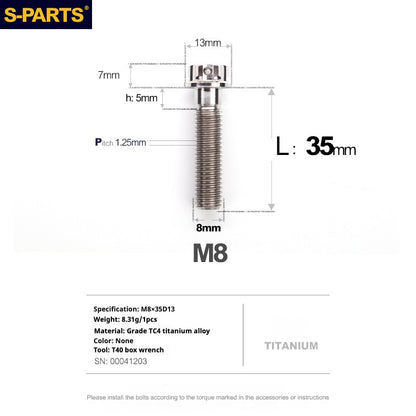 S-PARTS Titanium M8 Bolts A3 Series | Motorcycle Modification Screws for Caliper, Handlebar, Suspension | L10-120mm