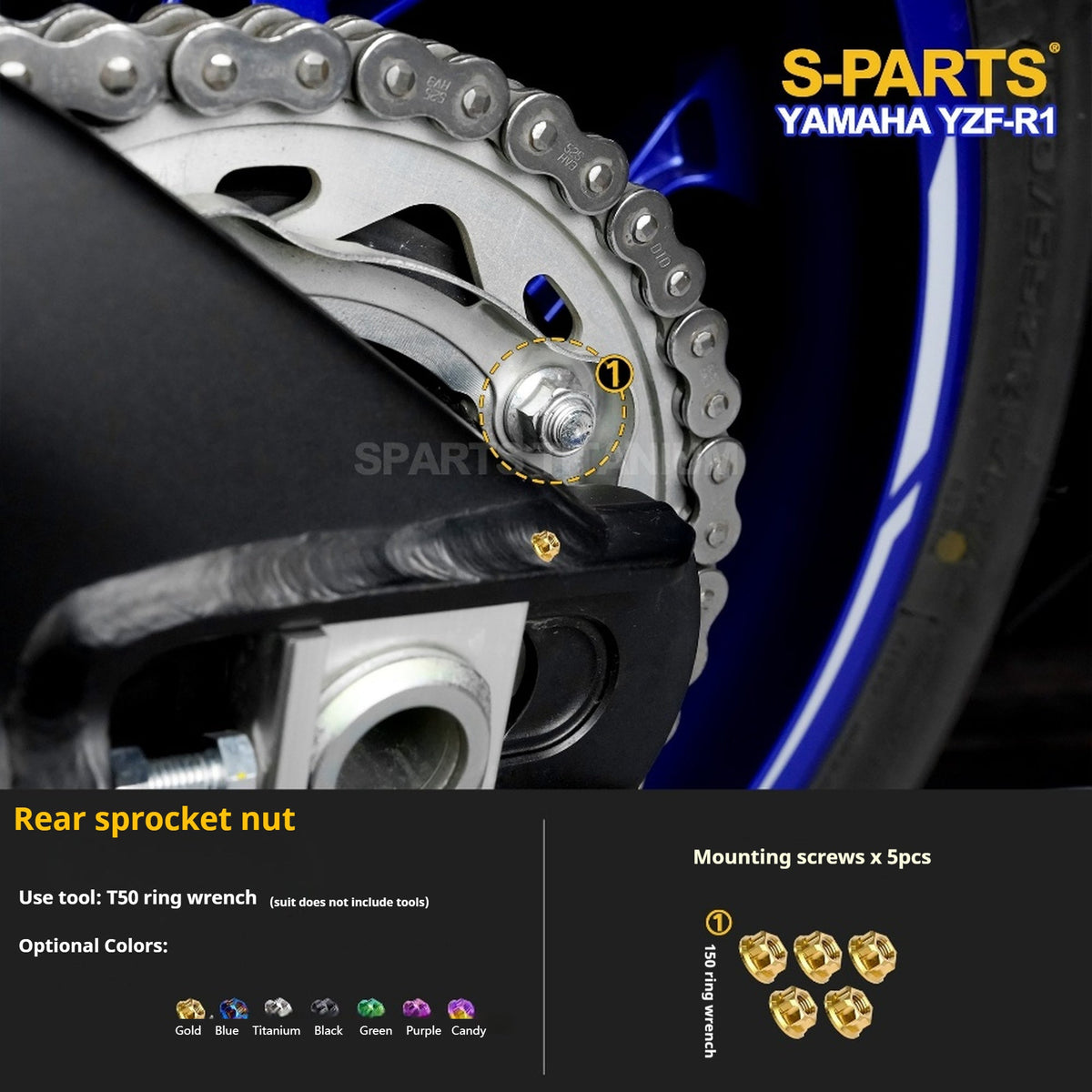 SPARTS Titanium Fasteners for Yamaha YZF-R1 - Rear Wheel, Sprocket Nut & Brake