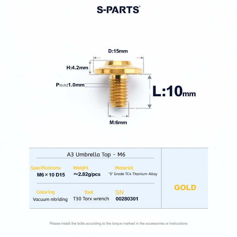 SPARTS A3 Series M6 Titanium Button Head Bolt D15 Grade TC4 | Motorcycle &Bike Upgrade Screw