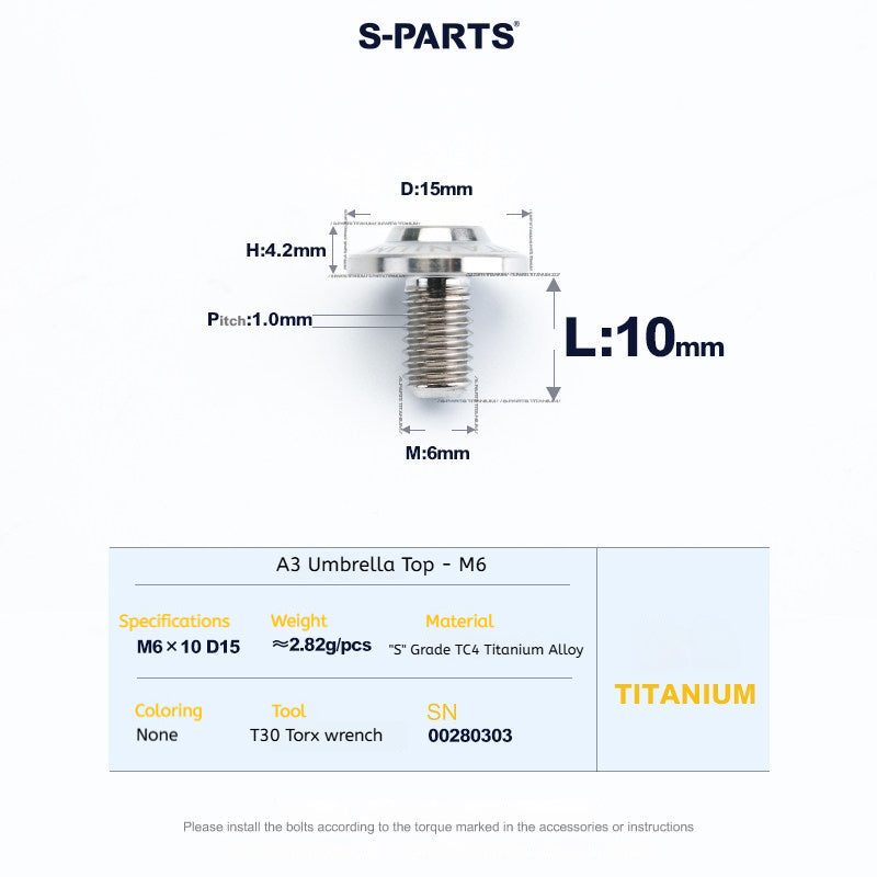 SPARTS A3 Series M6 Titanium Button Head Bolt D15 Grade TC4 | Motorcycle &Bike Upgrade Screw