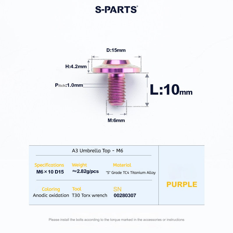 SPARTS A3 Series M6 Titanium Button Head Bolt D15 Grade TC4 | Motorcycle &Bike Upgrade Screw