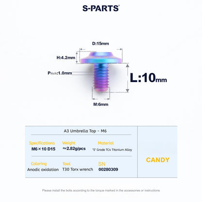 SPARTS A3 Series M6 Titanium Button Head Bolt D15 Grade TC4 | Motorcycle &Bike Upgrade Screw