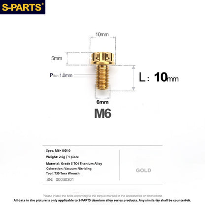 S-PARTS STAN M6 A3 Series TC4 Titanium Bolts – Standard Head Fasteners for Motorcycle & E-Motorcycle Upgrades