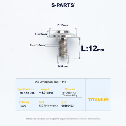 SPARTS A3 Series M6 Titanium Button Head Bolt D15 Grade TC4 | Motorcycle &Bike Upgrade Screw