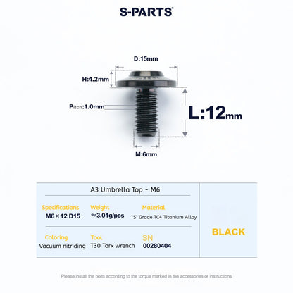 SPARTS A3 Series M6 Titanium Button Head Bolt D15 Grade TC4 | Motorcycle &Bike Upgrade Screw