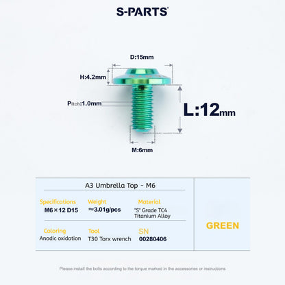 SPARTS A3 Series M6 Titanium Button Head Bolt D15 Grade TC4 | Motorcycle &Bike Upgrade Screw