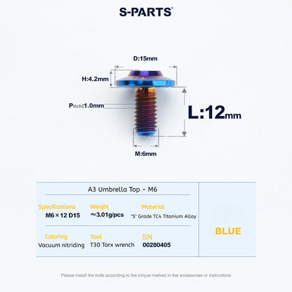 SPARTS A3 Series M6 Titanium Button Head Bolt D15 Grade TC4 | Motorcycle &Bike Upgrade Screw