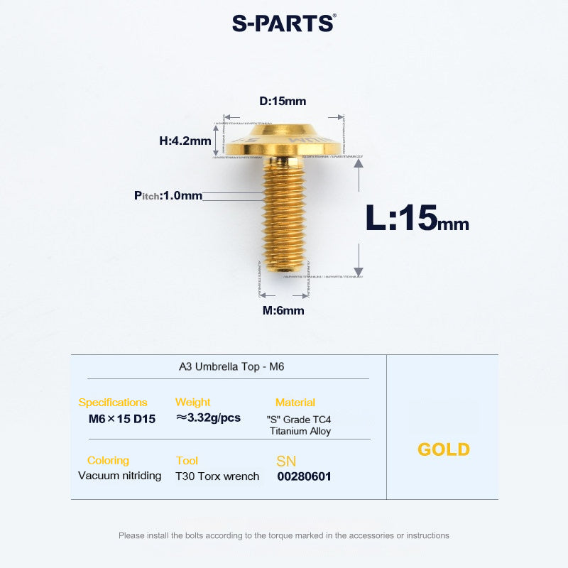 SPARTS A3 Series M6 Titanium Button Head Bolt D15 Grade TC4 | Motorcycle &Bike Upgrade Screw