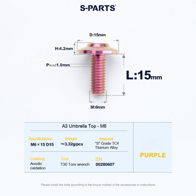 SPARTS A3 Series M6 Titanium Button Head Bolt D15 Grade TC4 | Motorcycle &Bike Upgrade Screw
