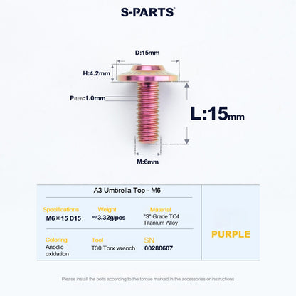 SPARTS A3 Series M6 Titanium Button Head Bolt D15 Grade TC4 | Motorcycle &Bike Upgrade Screw