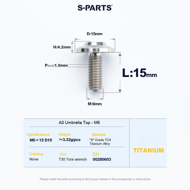 SPARTS A3 Series M6 Titanium Button Head Bolt D15 Grade TC4 | Motorcycle &Bike Upgrade Screw
