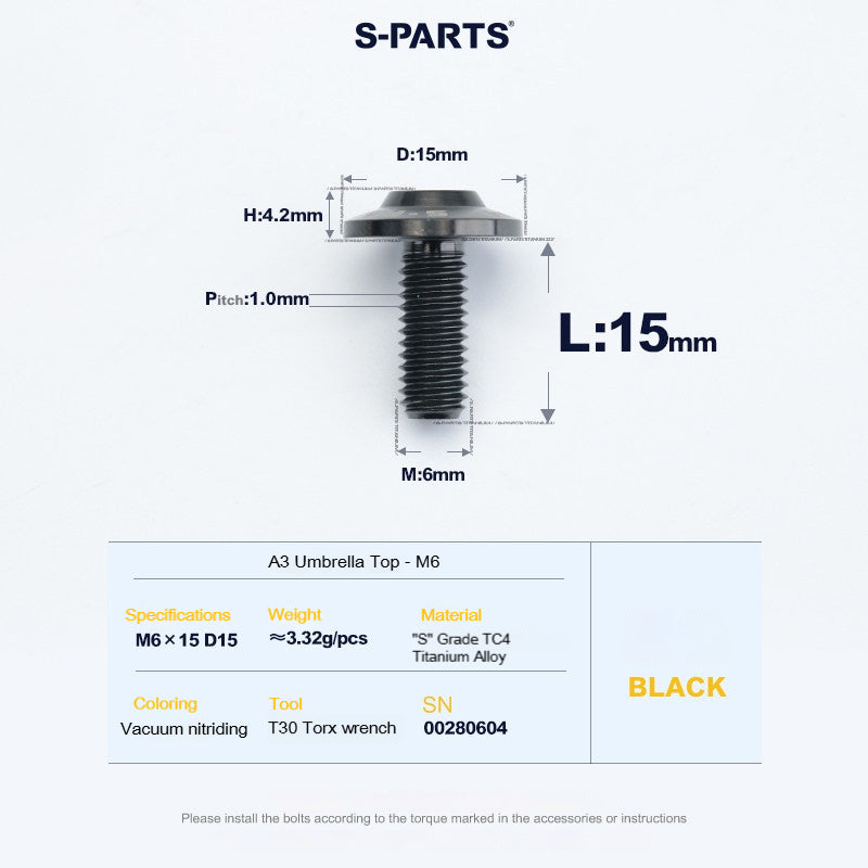 SPARTS A3 Series M6 Titanium Button Head Bolt D15 Grade TC4 | Motorcycle &Bike Upgrade Screw