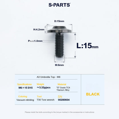 SPARTS A3 Series M6 Titanium Button Head Bolt D15 Grade TC4 | Motorcycle &Bike Upgrade Screw