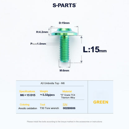 SPARTS A3 Series M6 Titanium Button Head Bolt D15 Grade TC4 | Motorcycle &Bike Upgrade Screw