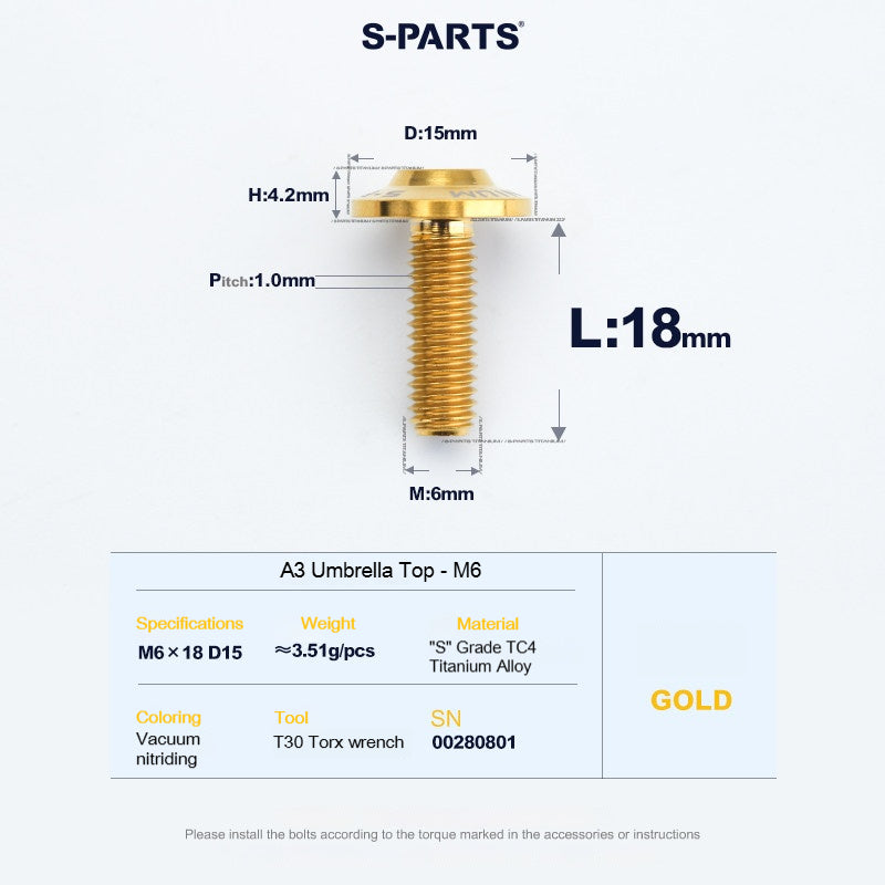 SPARTS A3 Series M6 Titanium Button Head Bolt D15 Grade TC4 | Motorcycle &Bike Upgrade Screw
