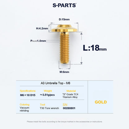 SPARTS A3 Series M6 Titanium Button Head Bolt D15 Grade TC4 | Motorcycle &Bike Upgrade Screw