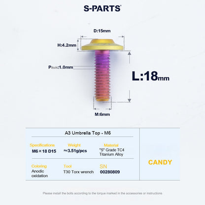 SPARTS A3 Series M6 Titanium Button Head Bolt D15 Grade TC4 | Motorcycle &Bike Upgrade Screw
