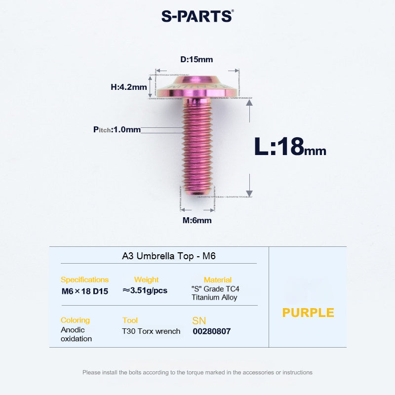 SPARTS A3 Series M6 Titanium Button Head Bolt D15 Grade TC4 | Motorcycle &Bike Upgrade Screw