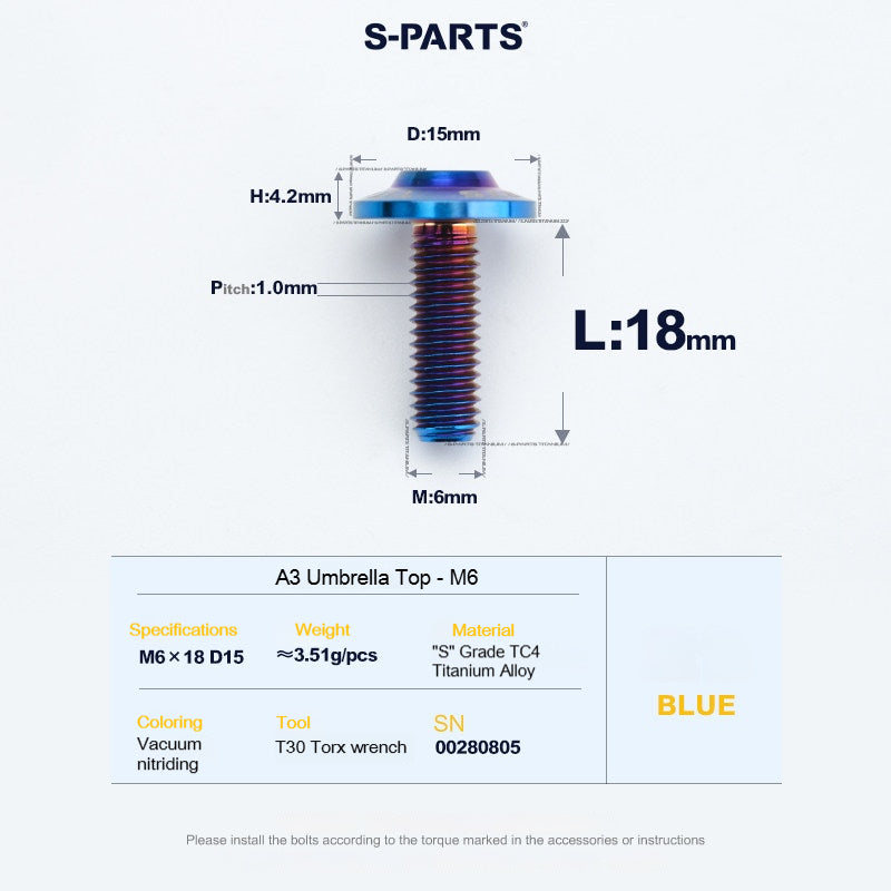 SPARTS A3 Series M6 Titanium Button Head Bolt D15 Grade TC4 | Motorcycle &Bike Upgrade Screw