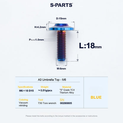 SPARTS A3 Series M6 Titanium Button Head Bolt D15 Grade TC4 | Motorcycle &Bike Upgrade Screw