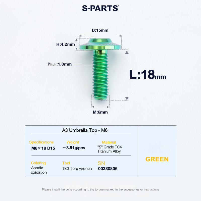 SPARTS A3 Series M6 Titanium Button Head Bolt D15 Grade TC4 | Motorcycle &Bike Upgrade Screw