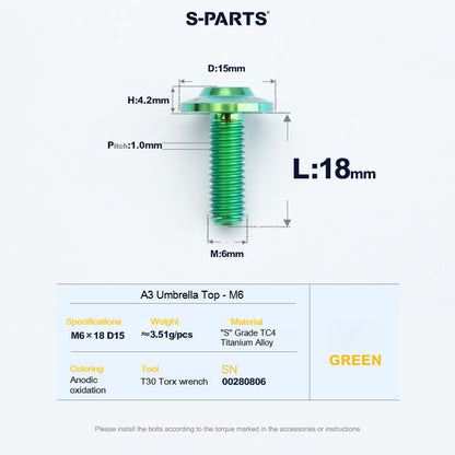 SPARTS A3 Series M6 Titanium Button Head Bolt D15 Grade TC4 | Motorcycle &Bike Upgrade Screw