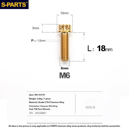 S-PARTS STAN M6 A3 Series TC4 Titanium Bolts – Standard Head Fasteners for Motorcycle & E-Motorcycle Upgrades