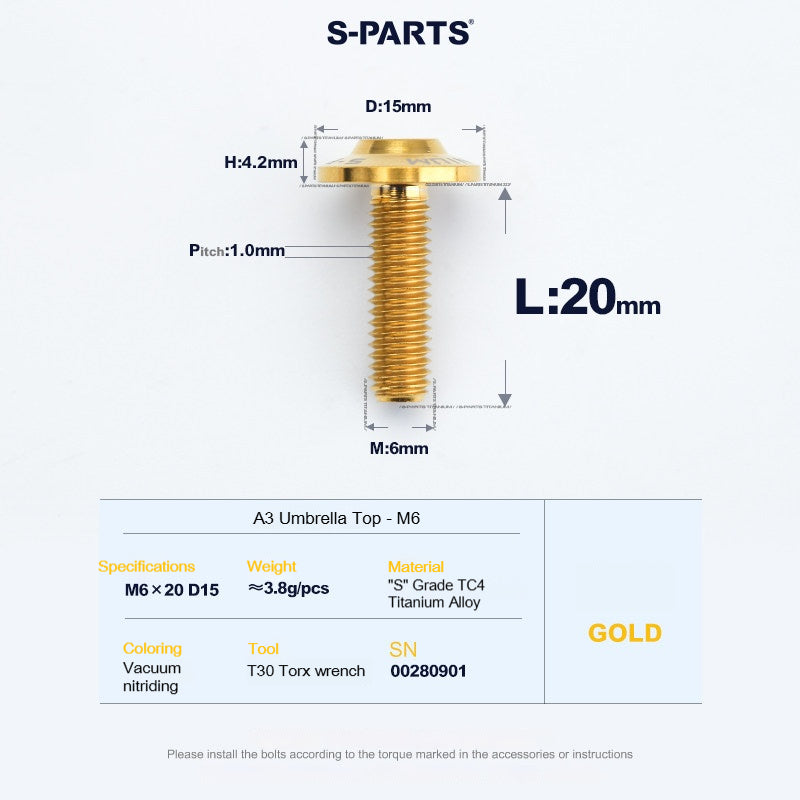 SPARTS A3 Series M6 Titanium Button Head Bolt D15 Grade TC4 | Motorcycle &Bike Upgrade Screw