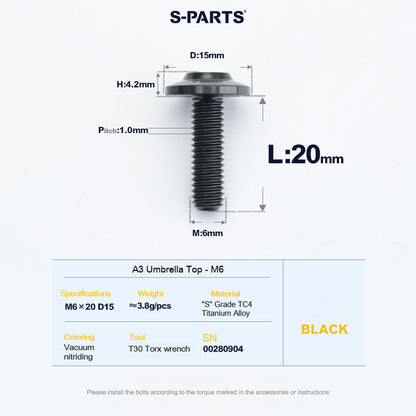 SPARTS A3 Series M6 Titanium Button Head Bolt D15 Grade TC4 | Motorcycle &Bike Upgrade Screw