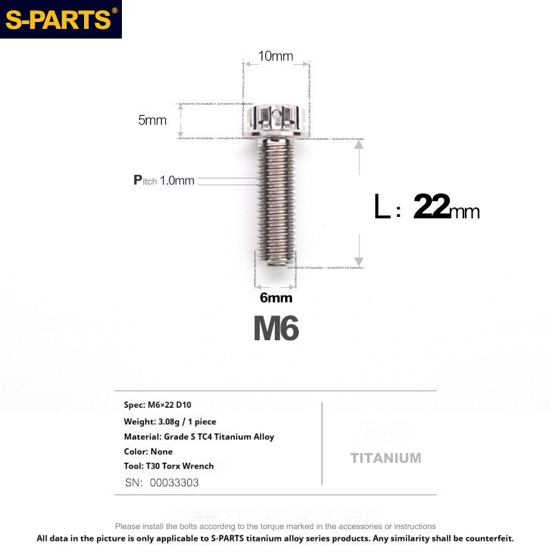 S-PARTS STAN M6 A3 Series TC4 Titanium Bolts – Standard Head Fasteners for Motorcycle & E-Motorcycle Upgrades