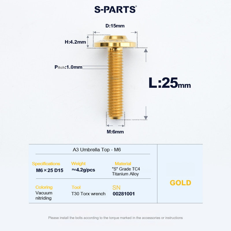 SPARTS A3 Series M6 Titanium Button Head Bolt D15 Grade TC4 | Motorcycle &Bike Upgrade Screw