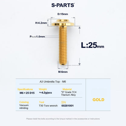 SPARTS A3 Series M6 Titanium Button Head Bolt D15 Grade TC4 | Motorcycle &Bike Upgrade Screw