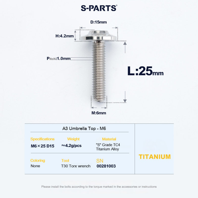SPARTS A3 Series M6 Titanium Button Head Bolt D15 Grade TC4 | Motorcycle &Bike Upgrade Screw