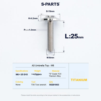 SPARTS A3 Series M6 Titanium Button Head Bolt D15 Grade TC4 | Motorcycle &Bike Upgrade Screw
