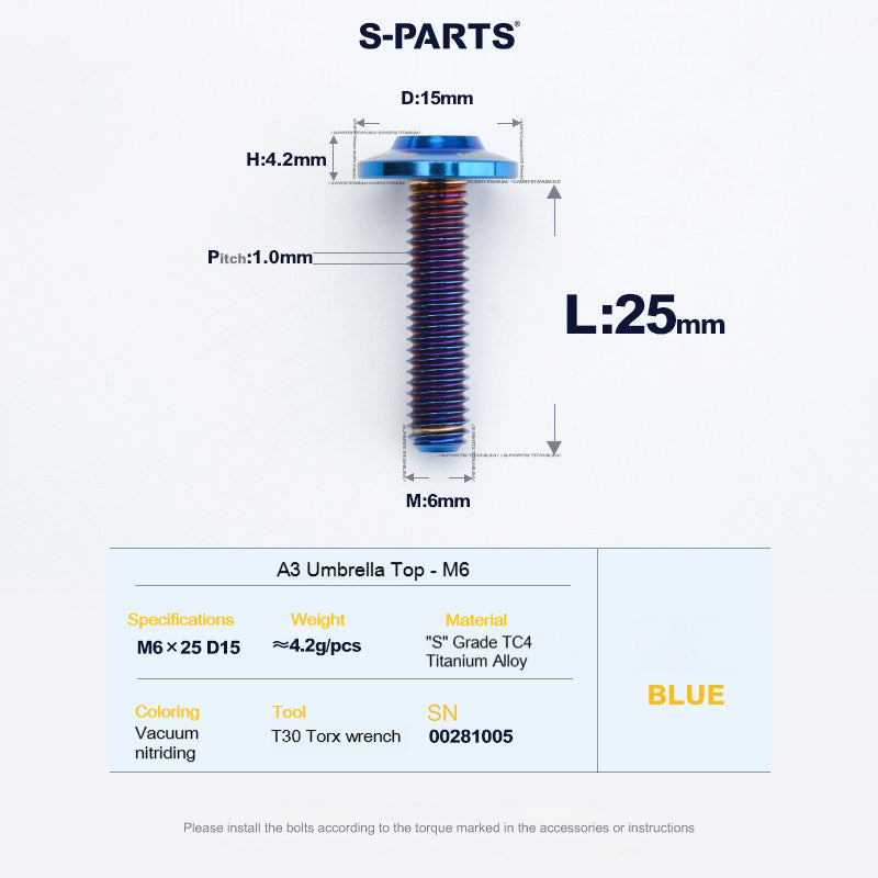 SPARTS A3 Series M6 Titanium Button Head Bolt D15 Grade TC4 | Motorcycle &Bike Upgrade Screw