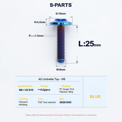 SPARTS A3 Series M6 Titanium Button Head Bolt D15 Grade TC4 | Motorcycle &Bike Upgrade Screw