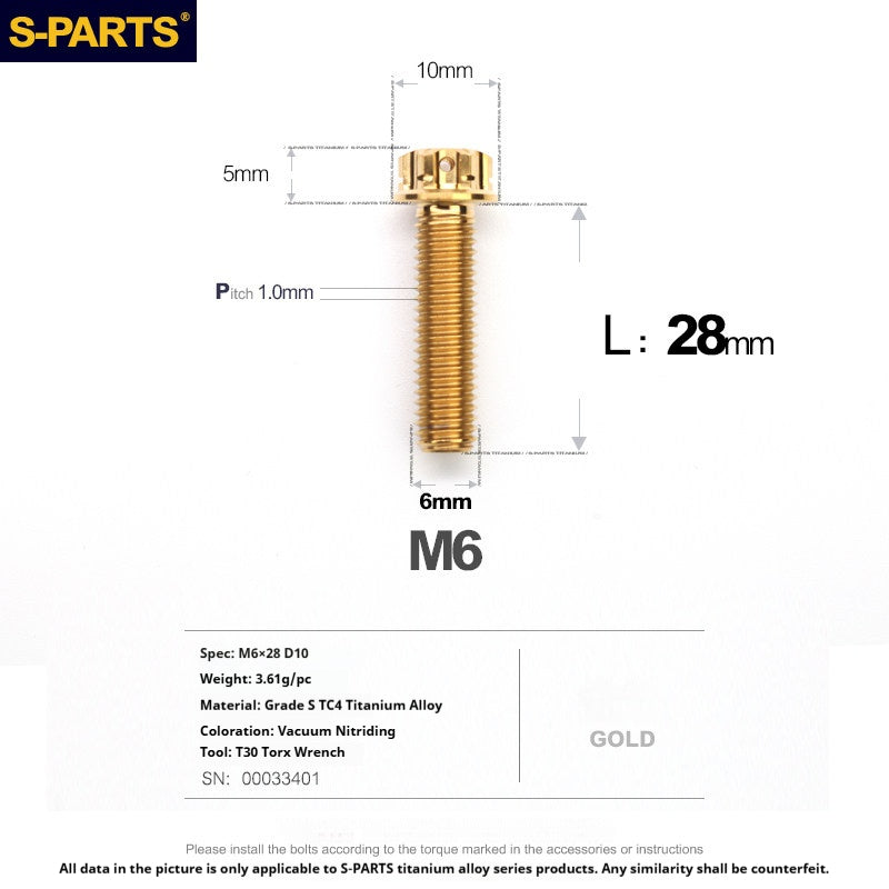 S-PARTS STAN M6 A3 Series TC4 Titanium Bolts – Standard Head Fasteners for Motorcycle & E-Motorcycle Upgrades