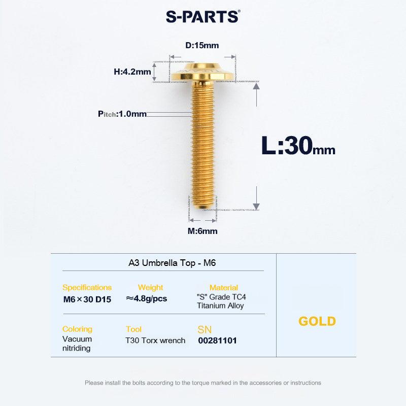 SPARTS A3 Series M6 Titanium Button Head Bolt D15 Grade TC4 | Motorcycle &Bike Upgrade Screw