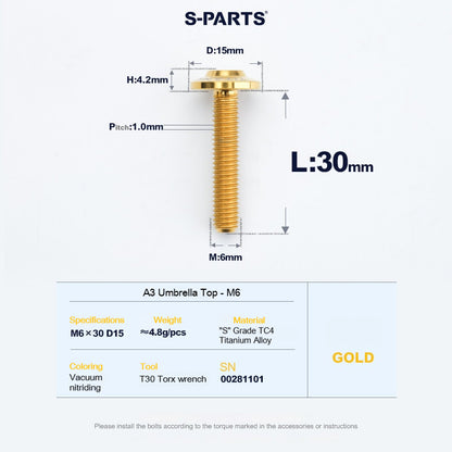 SPARTS A3 Series M6 Titanium Button Head Bolt D15 Grade TC4 | Motorcycle &Bike Upgrade Screw