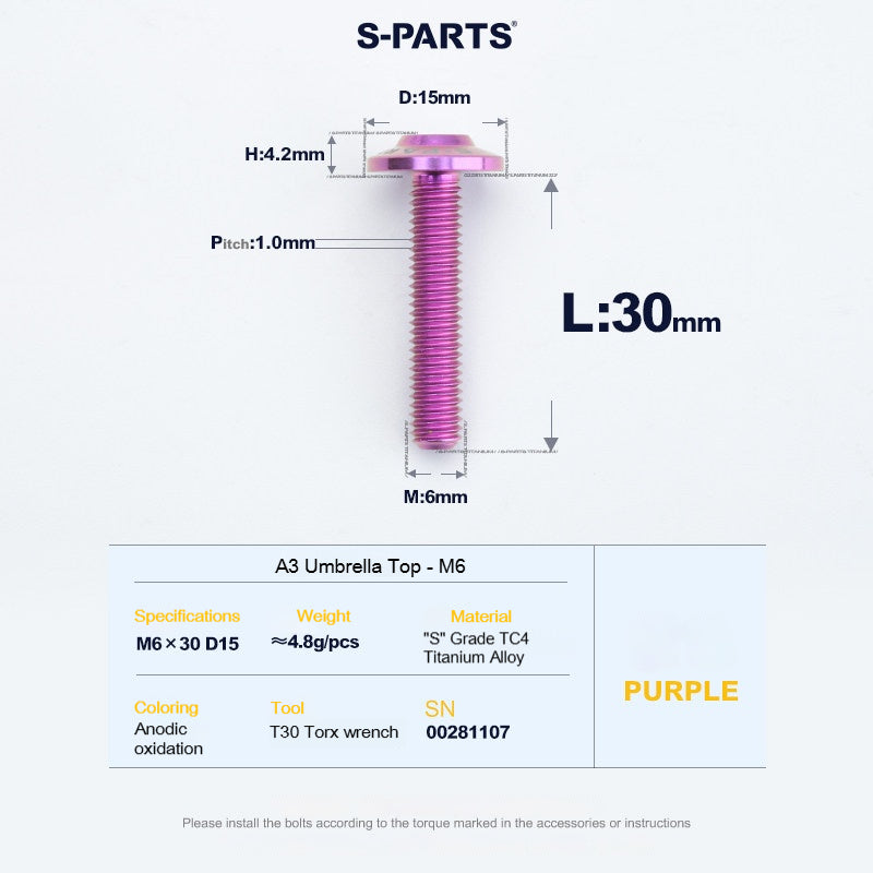 SPARTS A3 Series M6 Titanium Button Head Bolt D15 Grade TC4 | Motorcycle &Bike Upgrade Screw