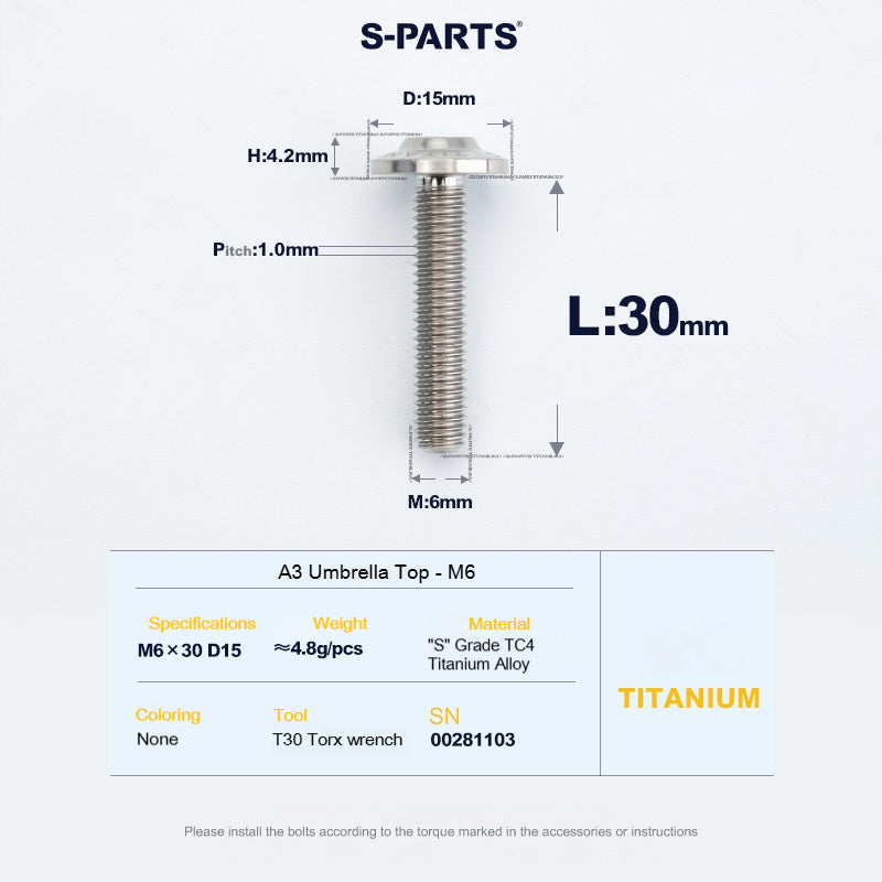 SPARTS A3 Series M6 Titanium Button Head Bolt D15 Grade TC4 | Motorcycle &Bike Upgrade Screw