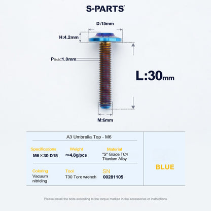 SPARTS A3 Series M6 Titanium Button Head Bolt D15 Grade TC4 | Motorcycle &Bike Upgrade Screw