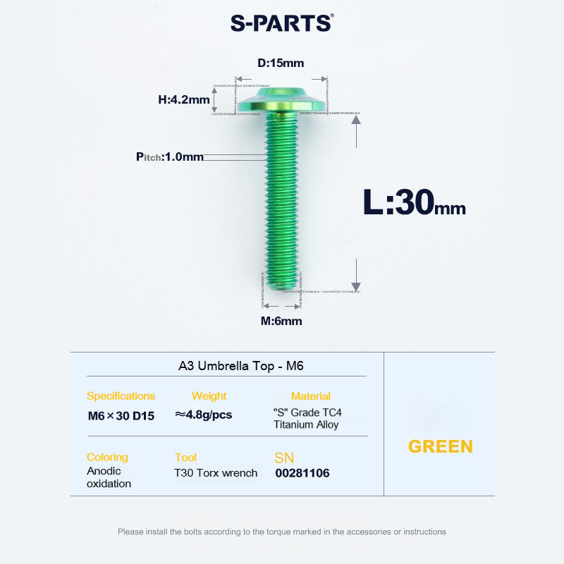 SPARTS A3 Series M6 Titanium Button Head Bolt D15 Grade TC4 | Motorcycle &Bike Upgrade Screw