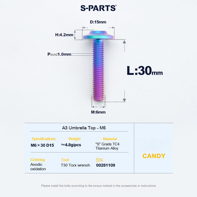SPARTS A3 Series M6 Titanium Button Head Bolt D15 Grade TC4 | Motorcycle &Bike Upgrade Screw