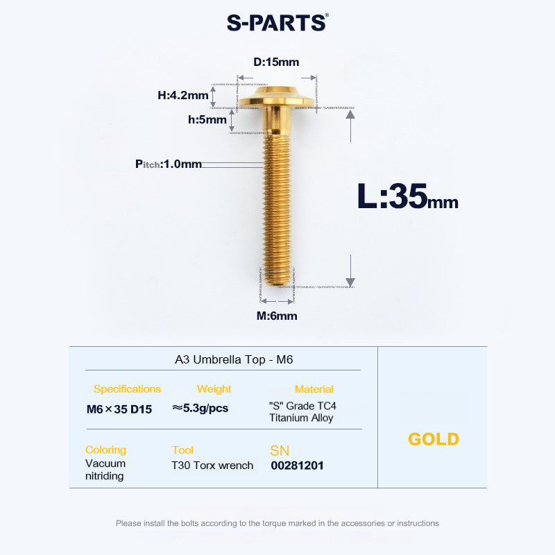 SPARTS A3 Series M6 Titanium Button Head Bolt D15 Grade TC4 | Motorcycle &Bike Upgrade Screw